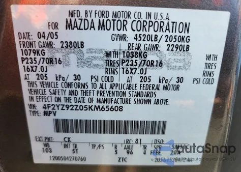 2005 Mazda Tribute I z USA, uszkodzony, nr VIN 4F2YZ92Z05KM65608